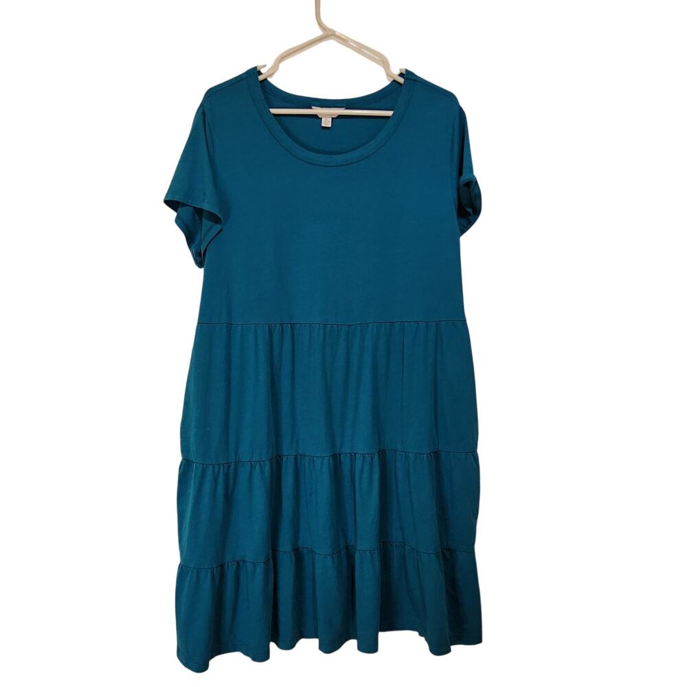 Time And Tru Blue Short Sleeve Pocket Casual Tiered Cotton Midi Shirt Dress XL